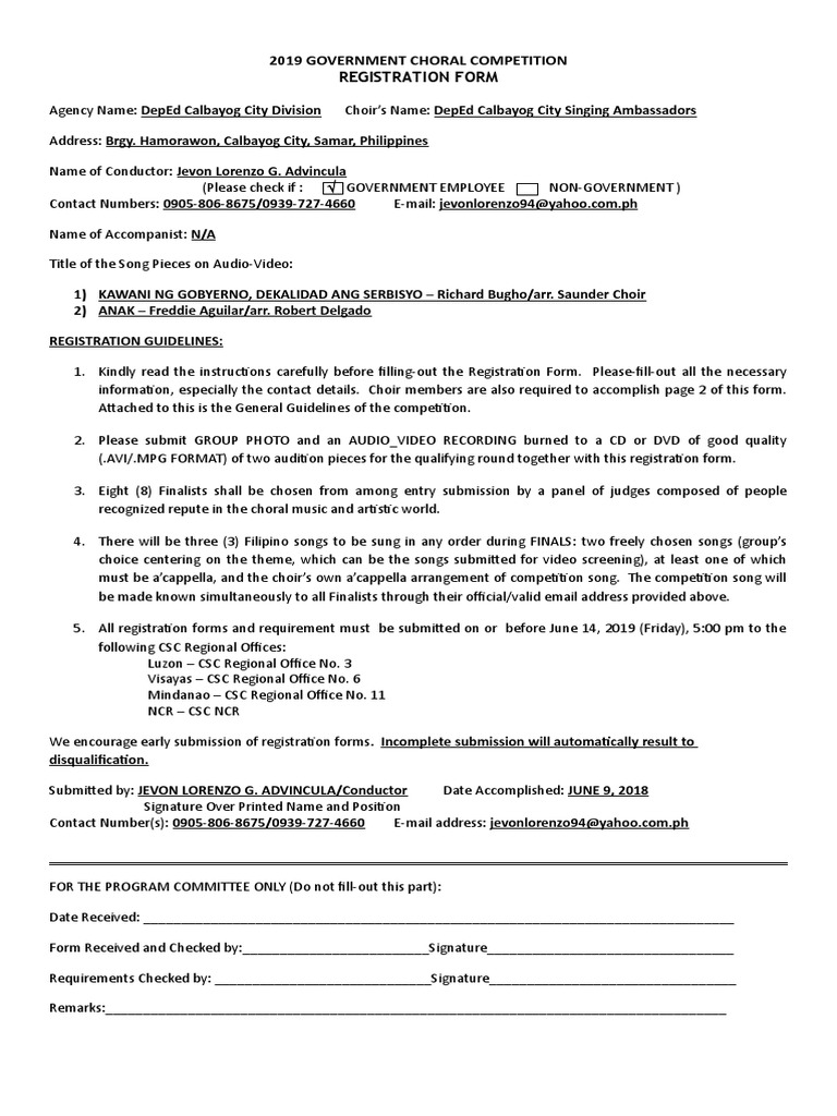 2019 GCC Registration Form Page 1 | PDF | Choir | Performing Arts