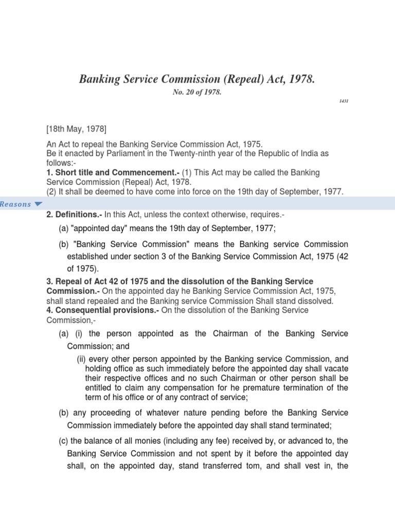 Banking Service Commission 1978 PDF Repeal Legal Documents