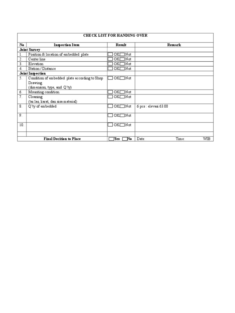 Check List For Handing Over No Inspection Item Result Remark Joint ...