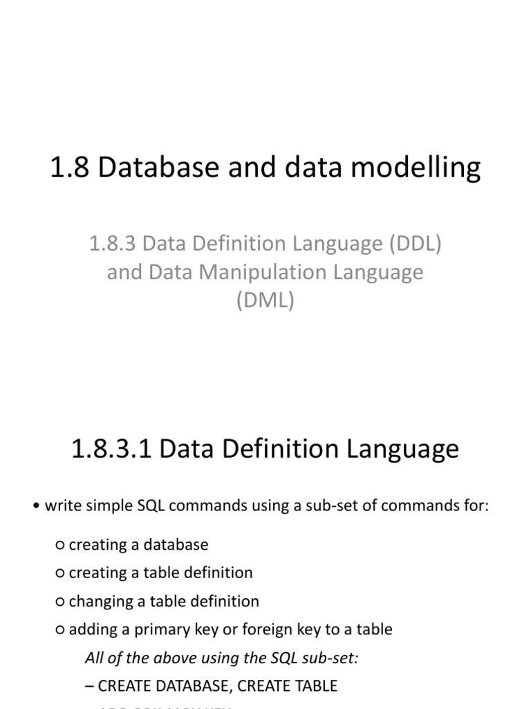 1.8 Database and Data Modelling 1.8.3 Data Definition Language (DDL