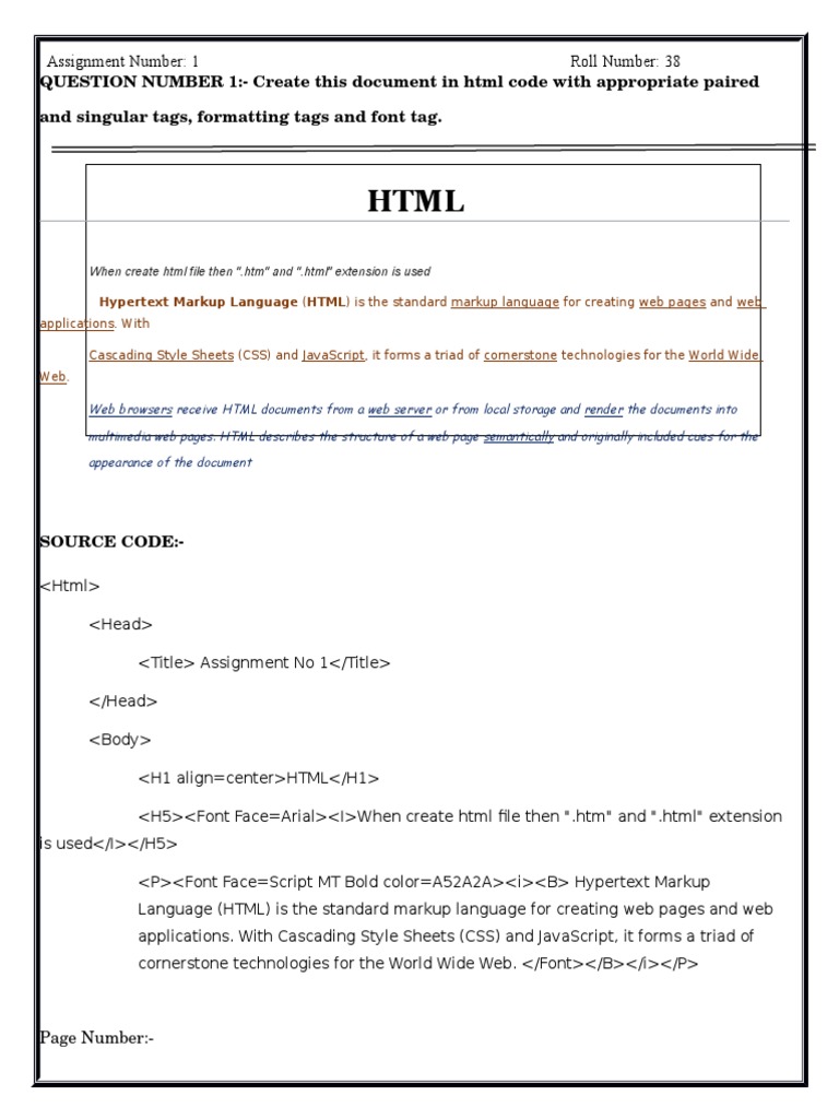 QUESTION NUMBER 1: Create This Document in HTML Code With Appropriate ...
