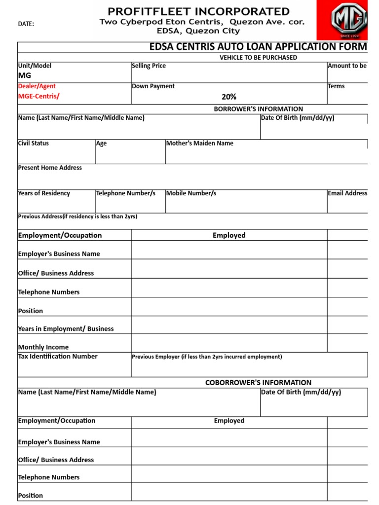 Edsa Centris Auto Loan Application Form MG 80 20 60 MO PDF