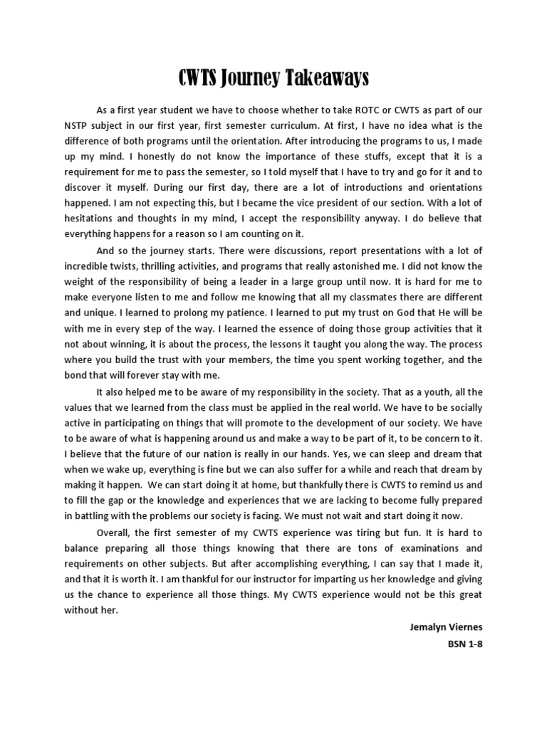 1ST YR CWTS Journey Takeaways | PDF | Dream | Psychological Concepts