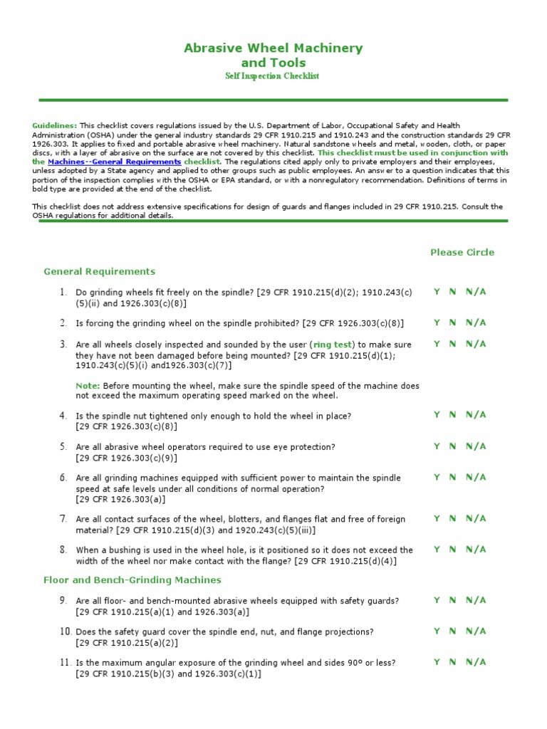 Abrasive Wheel Machinery Checklist PDF Grinding (Abrasive Cutting