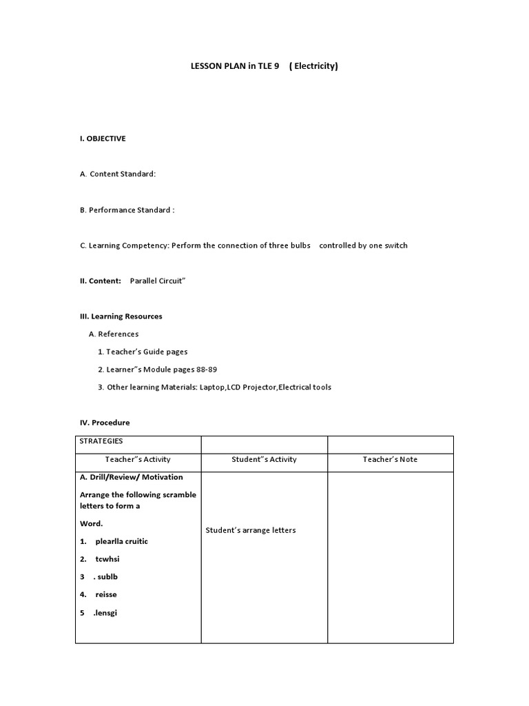 TLE 9 Lesson Plan: Parallel Circuits | PDF