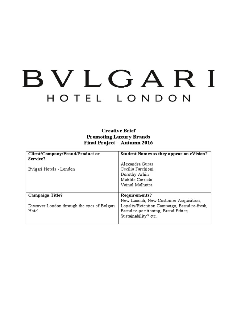 Bulgari Hotel London - Creative Brief, PDF, Market Segmentation