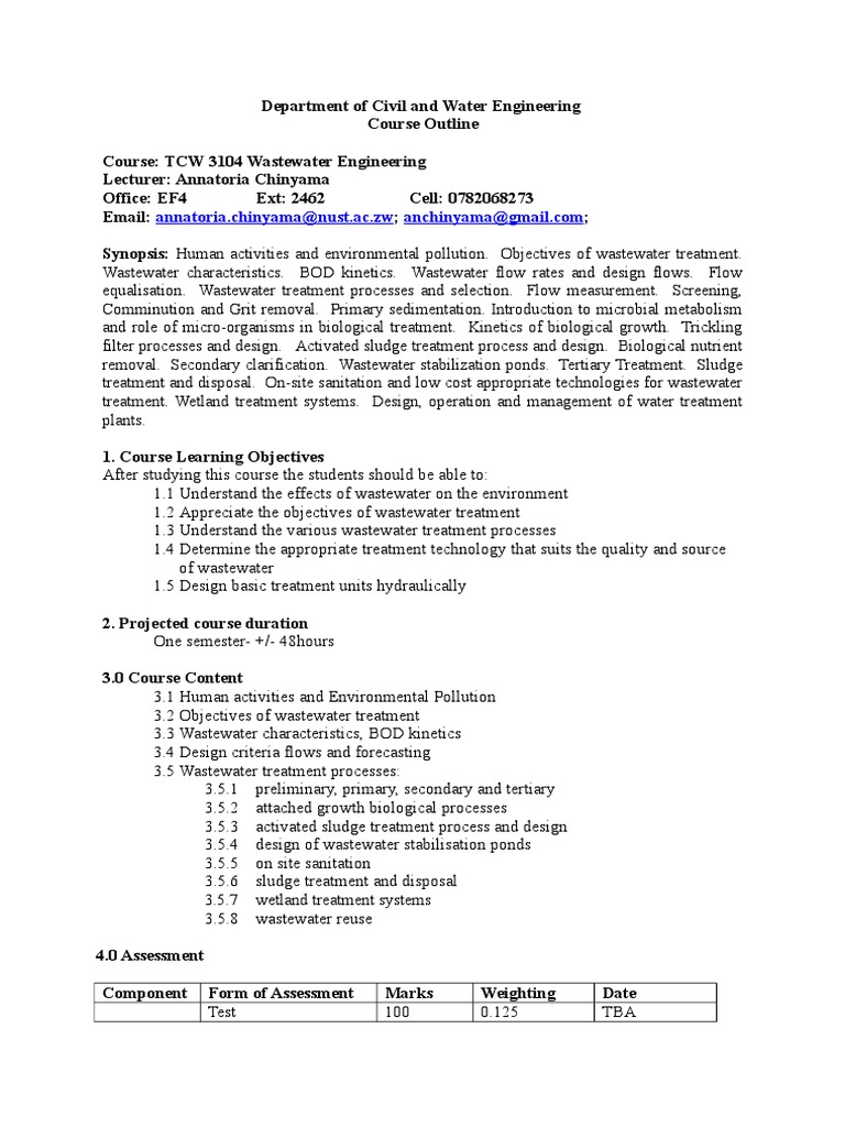 TCW 3104 Wastewater Engineering Course | PDF | Sewage Treatment ...