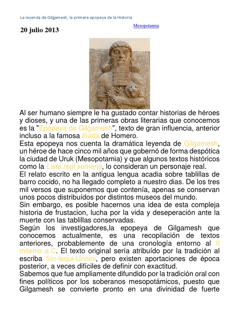 La Leyenda de Gilgamesh, La Primera Epopeya de La Historia Epopeya de Gilgamesh Mesopotamia