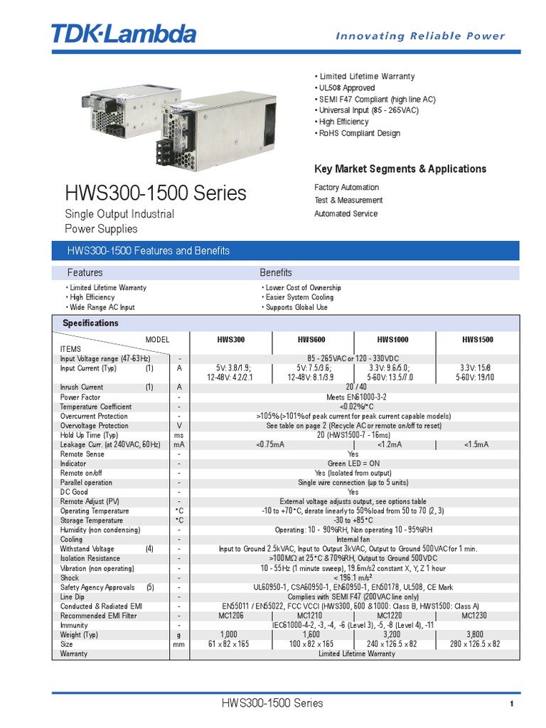 HWS3001500 Series Single Output Industrial Power Supplies PDF