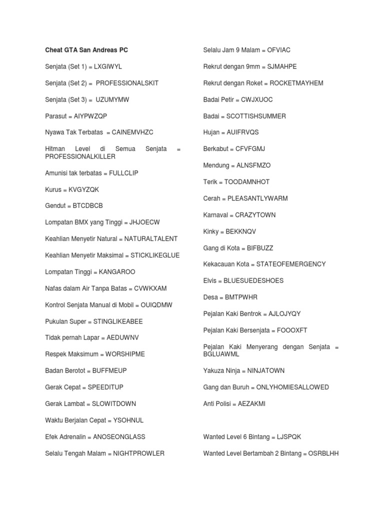 Cheat Codes for GTA San Andreas PC | PDF