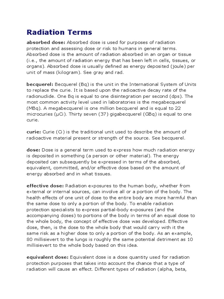 Radiation Terms Currie Becquerel Eff Dose Pdf Absorbed Dose Radioactive Decay