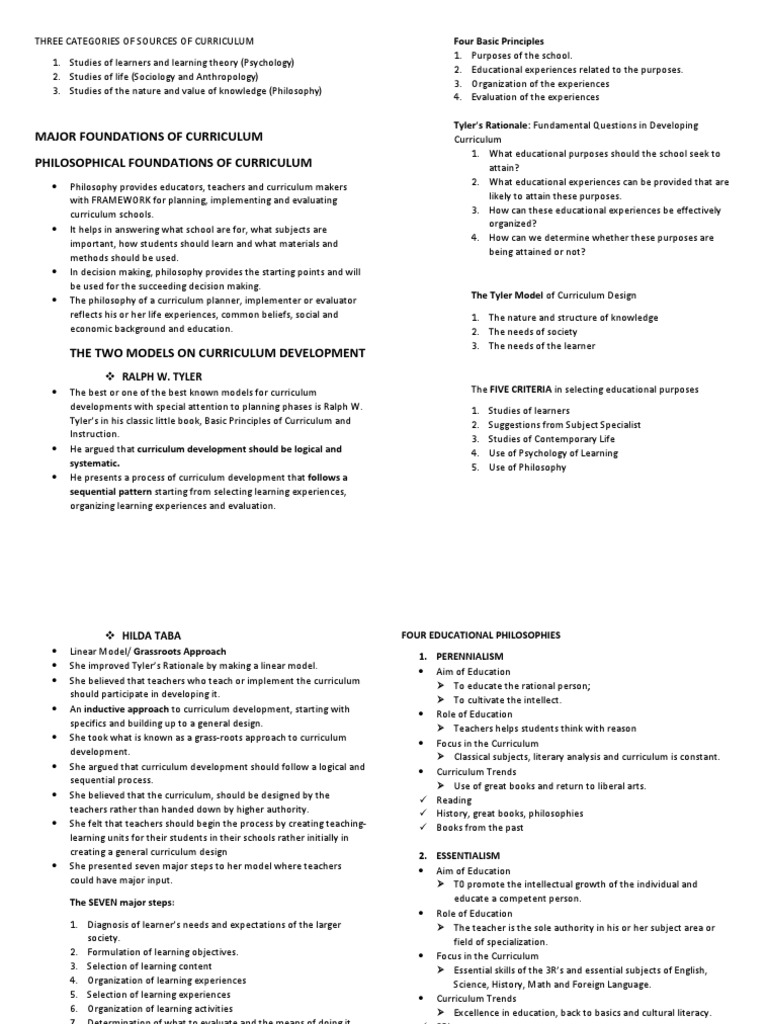 Major Foundations of Curriculum Philosophical Foundations of Curriculum ...