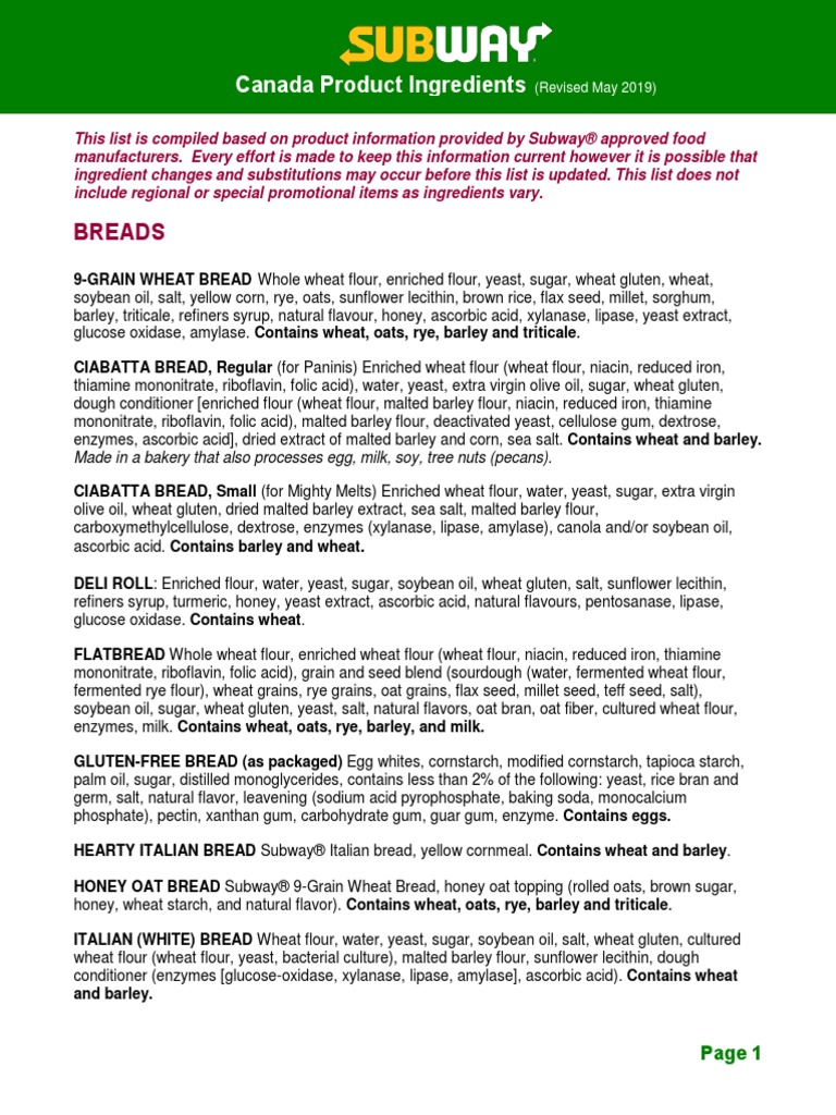 Subway Ingredient List Overview | PDF | Mustard (Condiment) | Flour