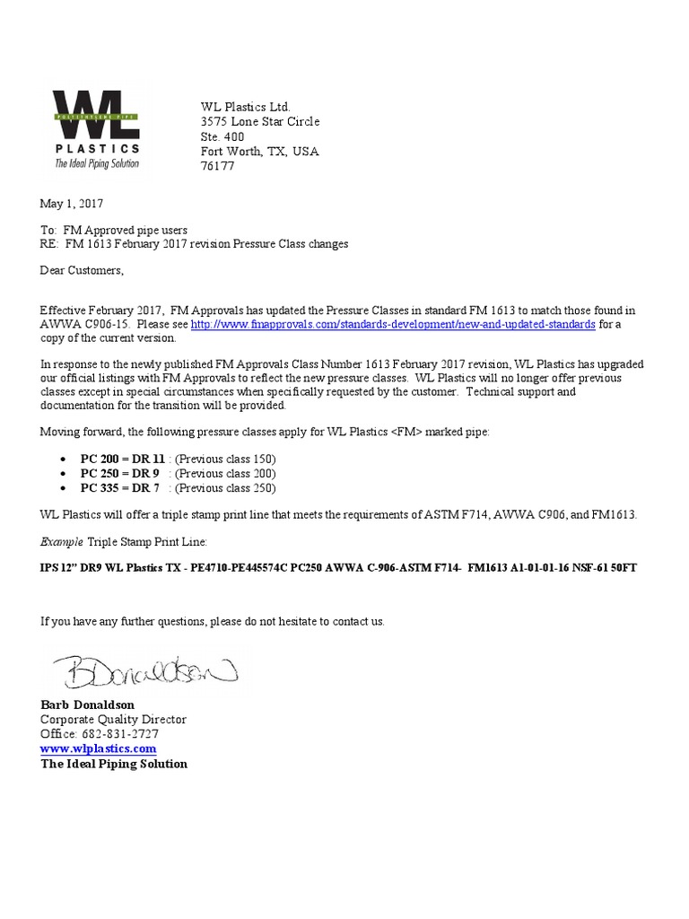 WL Plastic Hdpe Pipe FM Upgrated PDF Pipe (Fluid Conveyance) Pressure