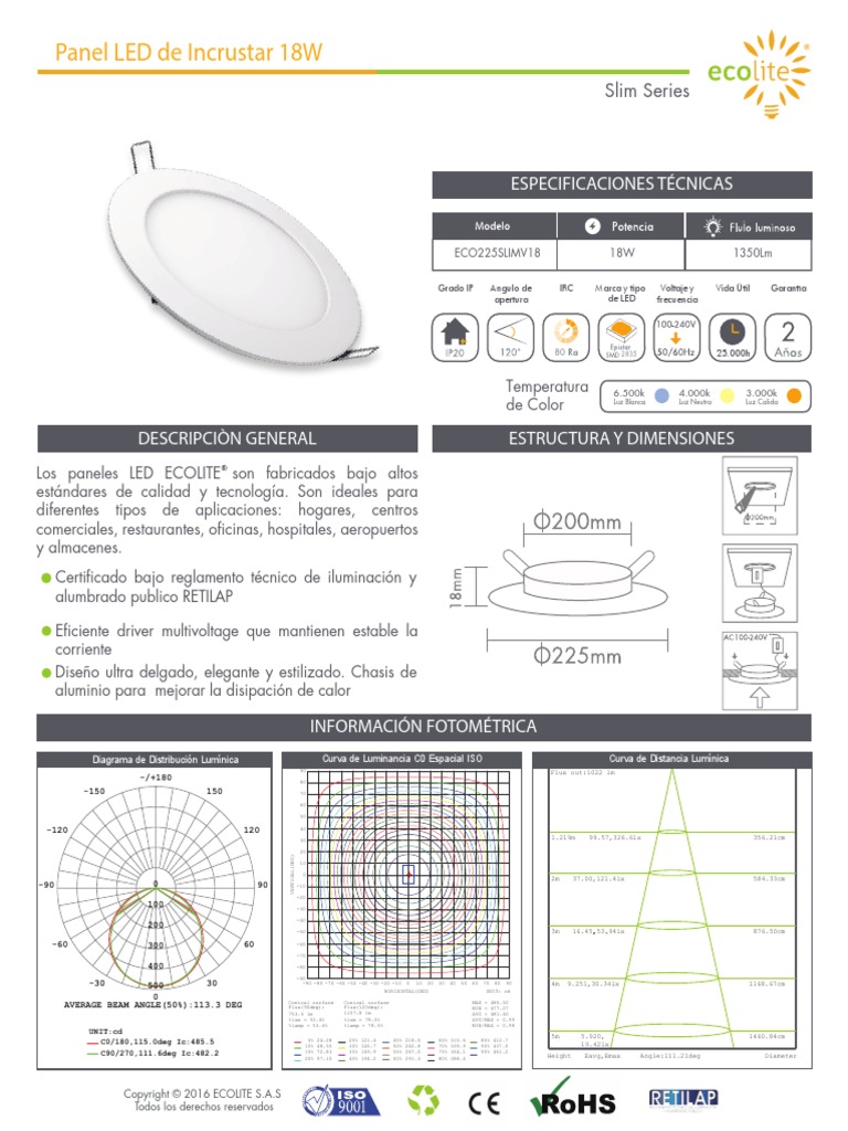 Led Panel Light Ecolite 18 Watts Ficha Tecnica Diodo emisor de luz