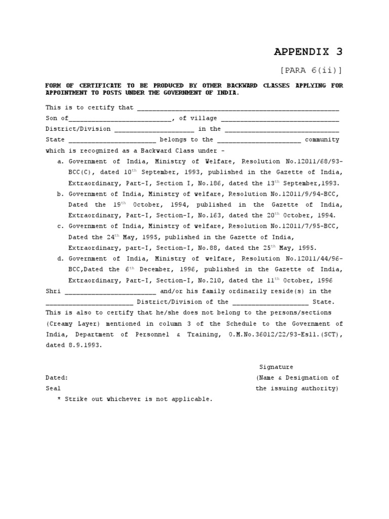 OBC Certificate Format for Government Jobs | PDF | Magistrate ...