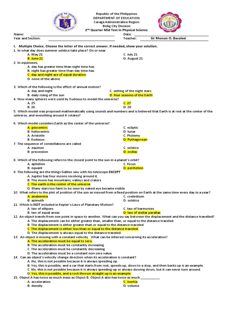 2nd Quarter Physical Science Test | PDF | Force | Acceleration
