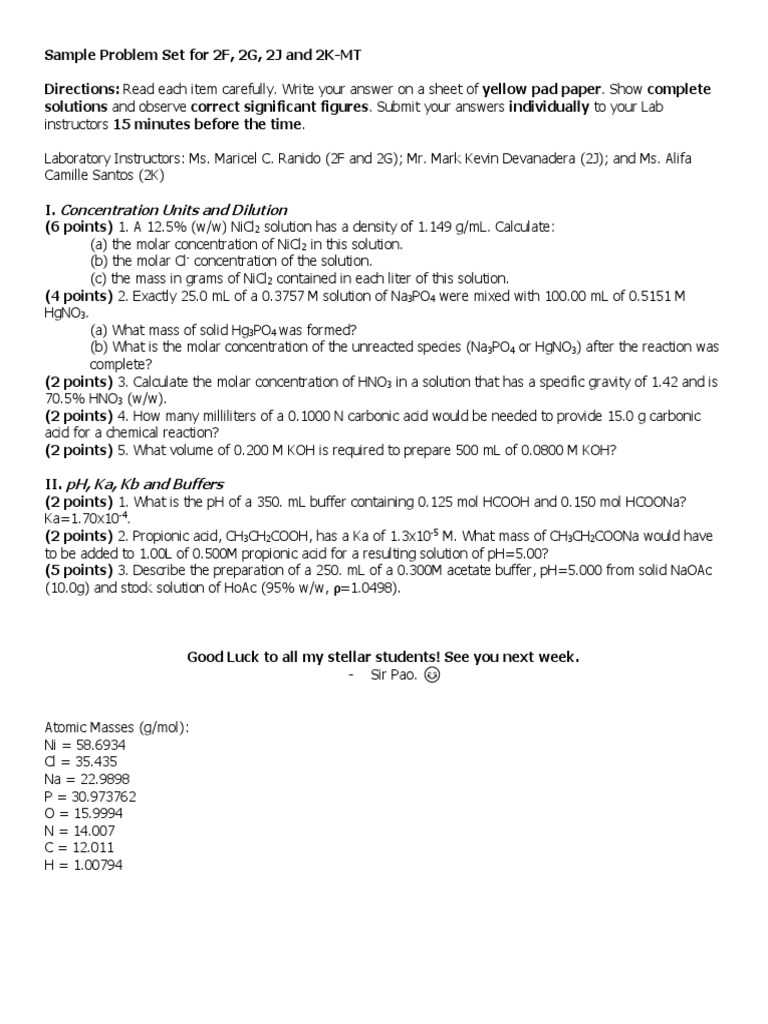 Chemistry Problem Set Overview | PDF | Science & Mathematics