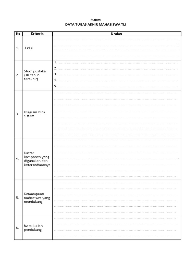 Form Data Tugas Akhir Mahasiswa Tli: No Kriteria Uraian | PDF