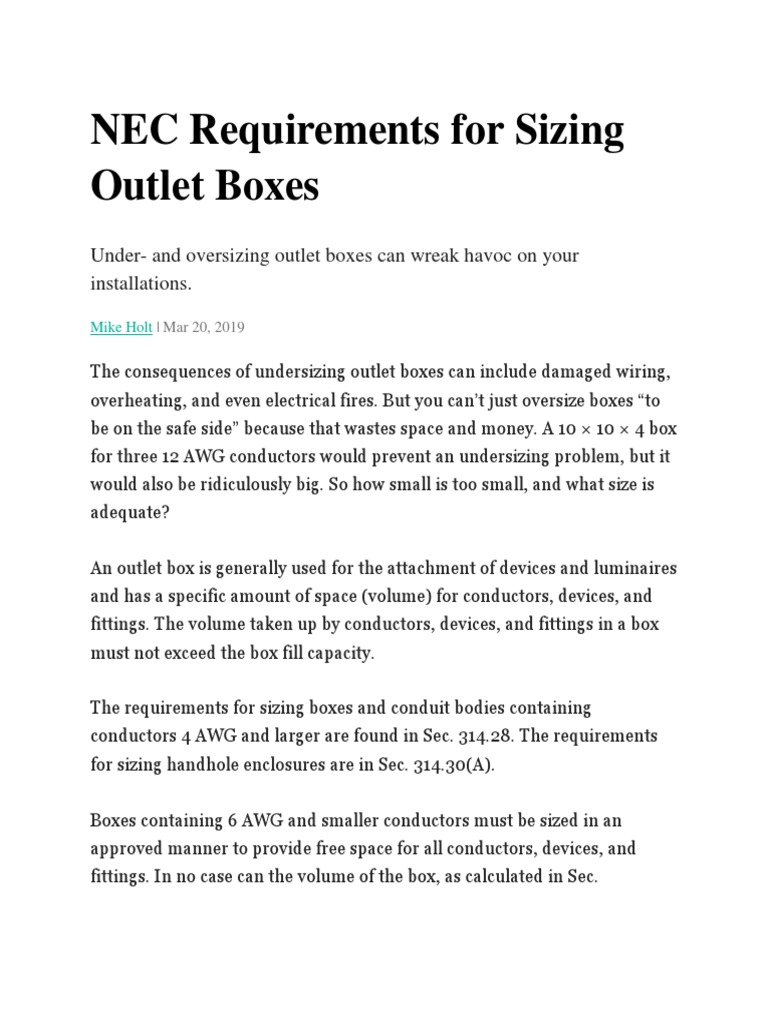 NEC Requirements For Sizing Outlet Boxes PDF Electrical Conductor Electric Power
