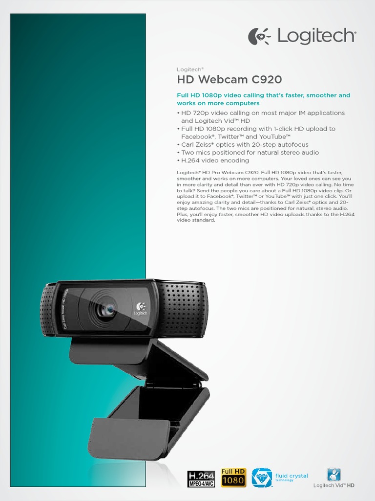 Logitech® HD Webcam C920 | PDF | H.264/Mpeg 4 Avc | Video