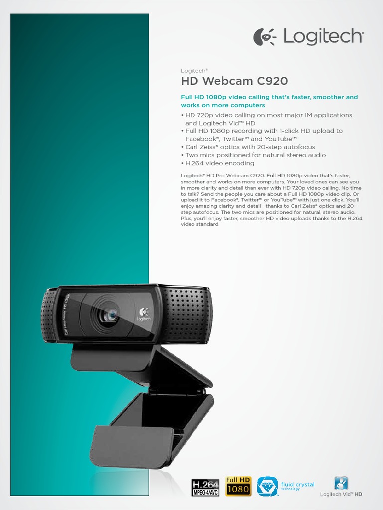 Webcam  Logitech C920, Full HD 1080p, Autofocus, Sonido Estéreo