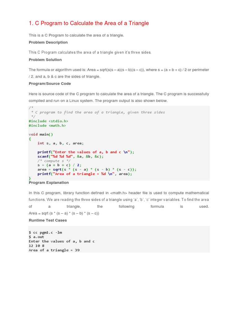 C Program To Calculate The Area of A Triangle: Problem Description ...