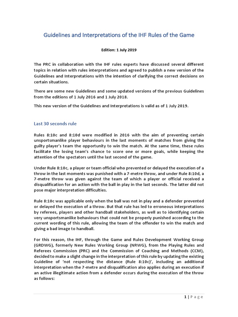 IHF Rules of the Game Guidelines 2019 | PDF | Referee | Sports