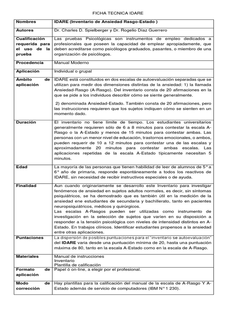 Ficha Técnica del Test IDARE | PDF | Ansiedad | Dibujo