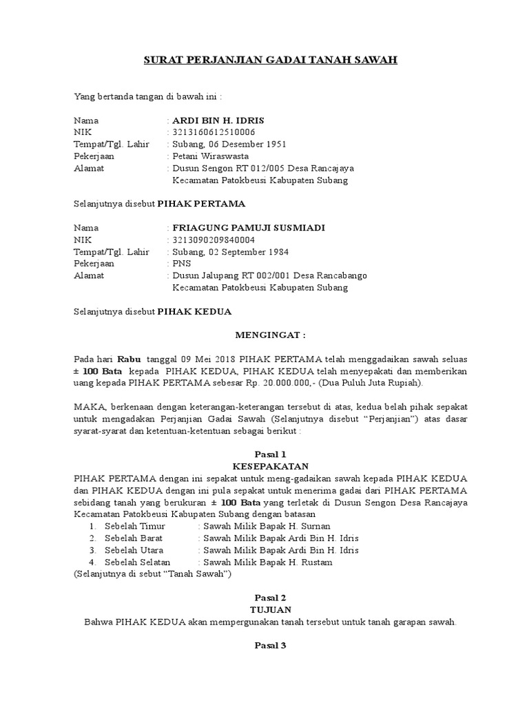 Surat Perjanjian Gadai Tanah Sawah | PDF