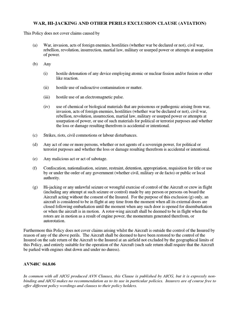 Avn 48c War Hi-Jacking and Other Perils Exclusion Clause - Aviation