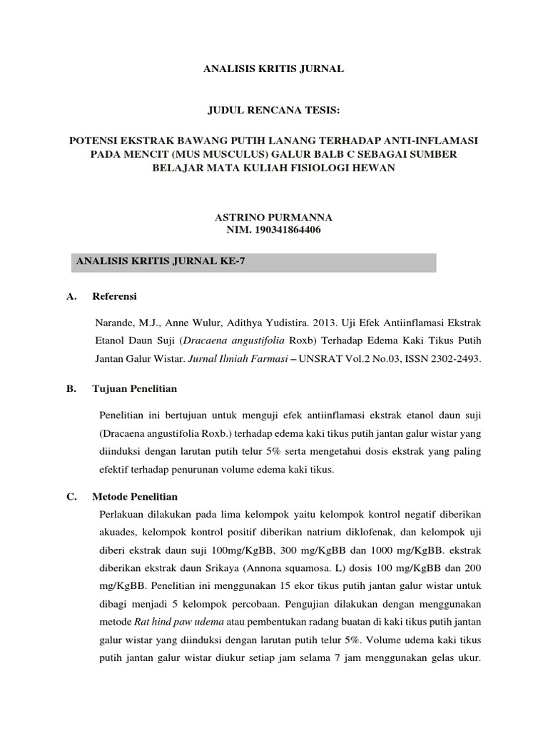 Potensi Ekstrak Bawang Putih Lanang Terhadap Anti Inflamasi Pada Mencit Mus Musculus Galur Balb C Sebagai Sumber Belajar Mata Kuliah Fisiologi Hewan
