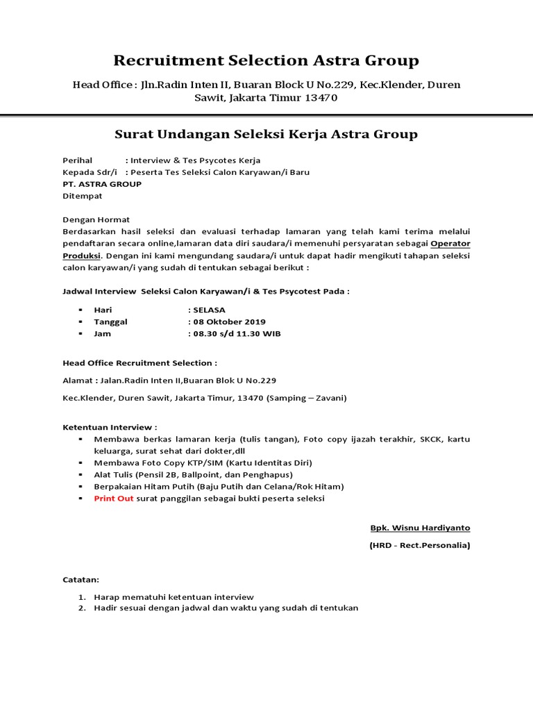 Surat Undangan Seleksi Pt Astra Group