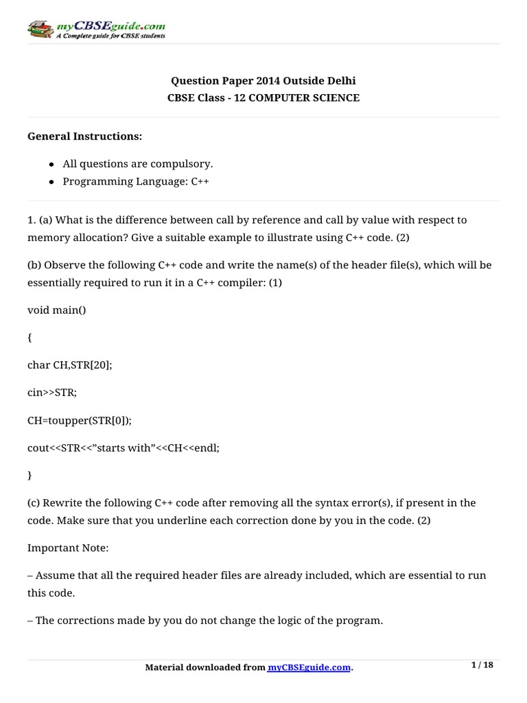 CBSE Class 12 C++ Exam Guide | PDF | Array Data Structure | Subroutine