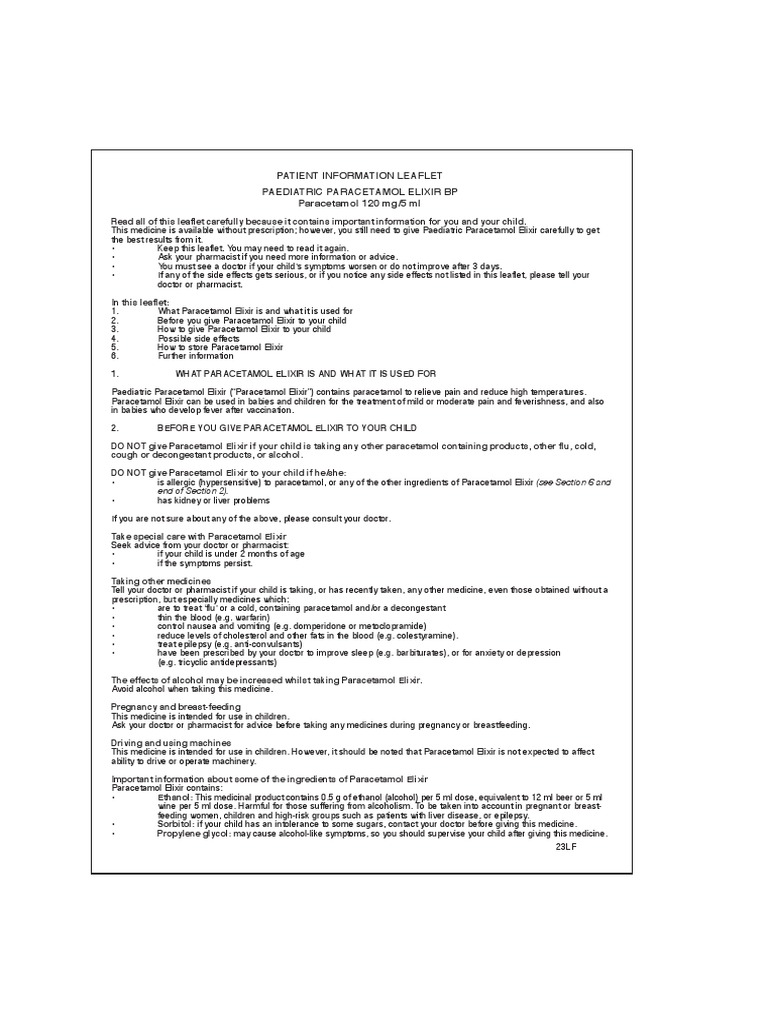 Patient Information Leaflet Paediatric Paracetamol Elixir BP