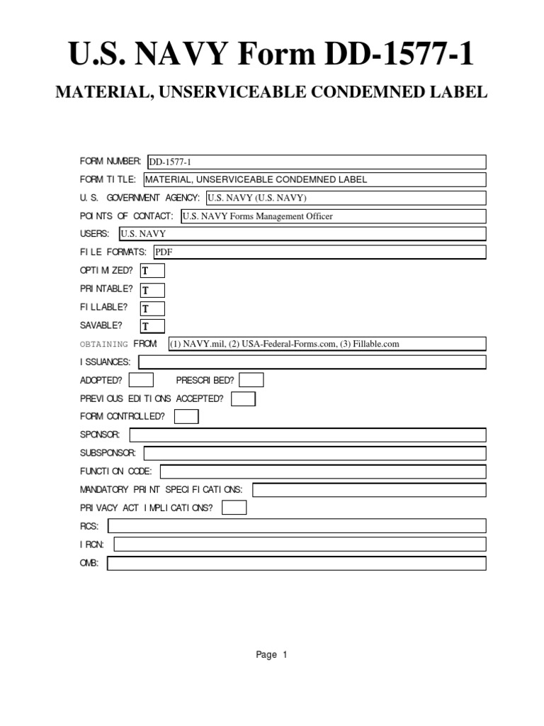 Us Navy Form DD 1577 1 PDF PDF