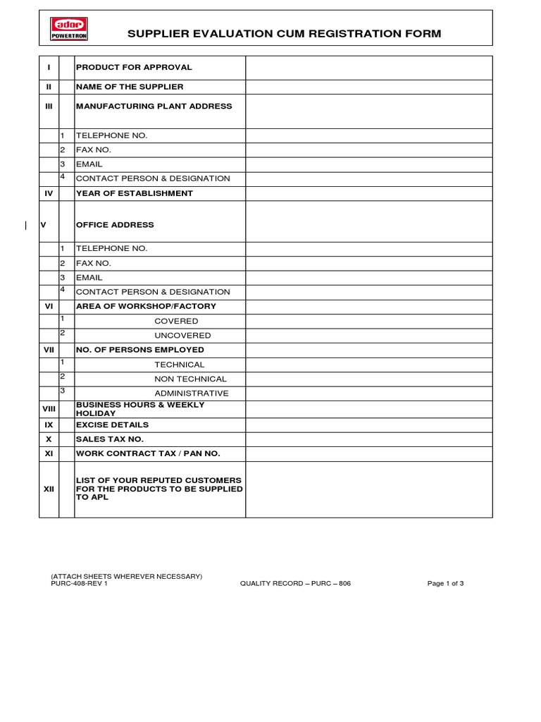 Supplier Evaluation and Registration Form | PDF | Business
