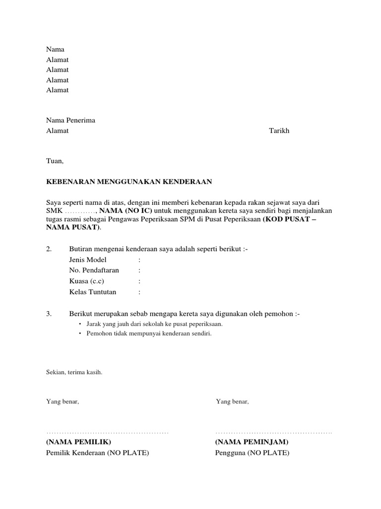 Sample Surat Kebenaran Menggunakan Kenderaan  PDF