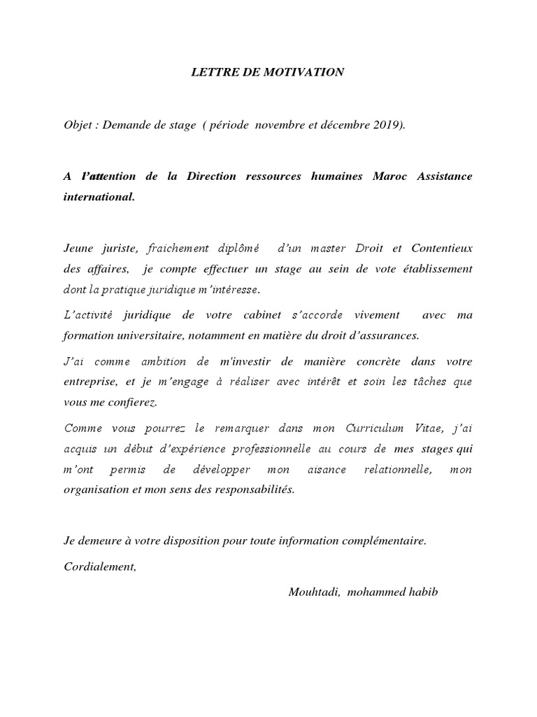 Lettre De Motivation Exemple Pdf