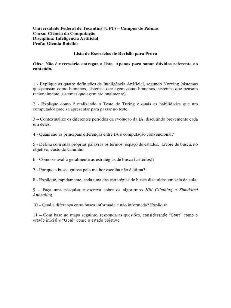 Lista de Exercícios Conceitos Básicos de Inteligência Artificial PDF Inteligência