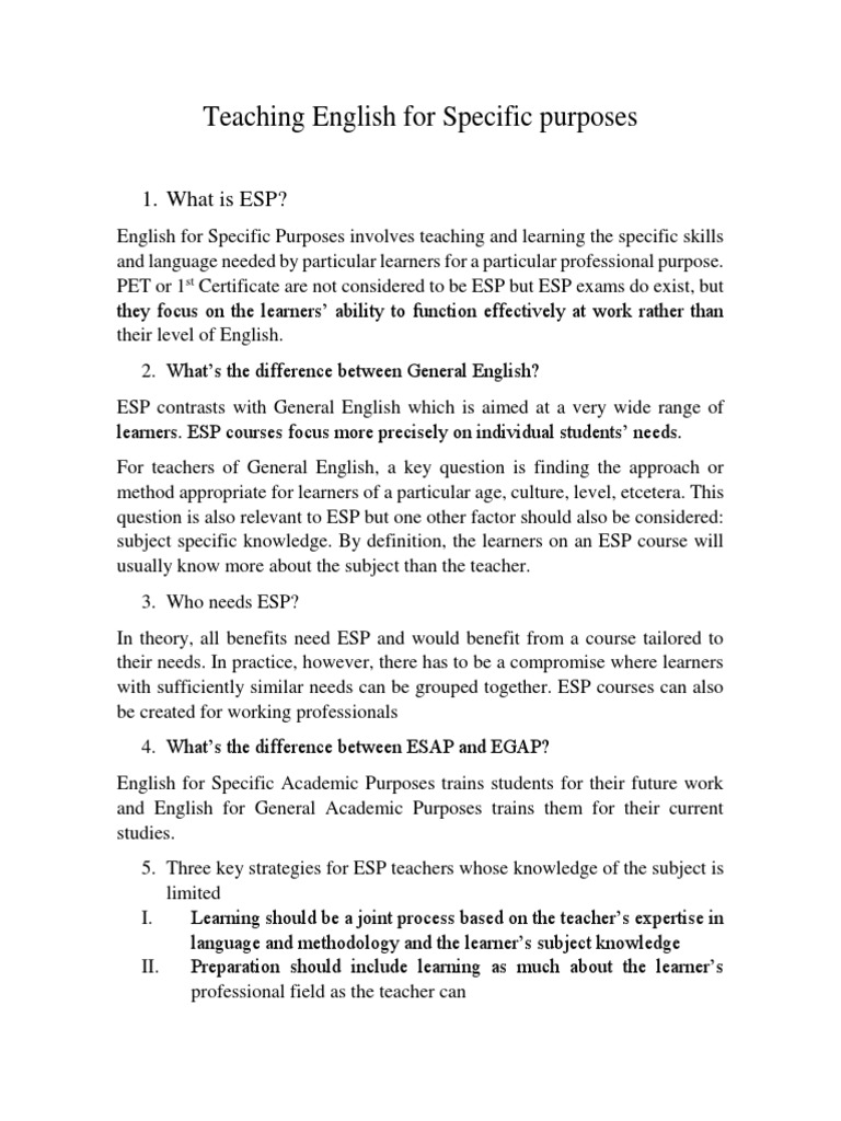Teaching English For Specific Purposes PDF Learning Teachers