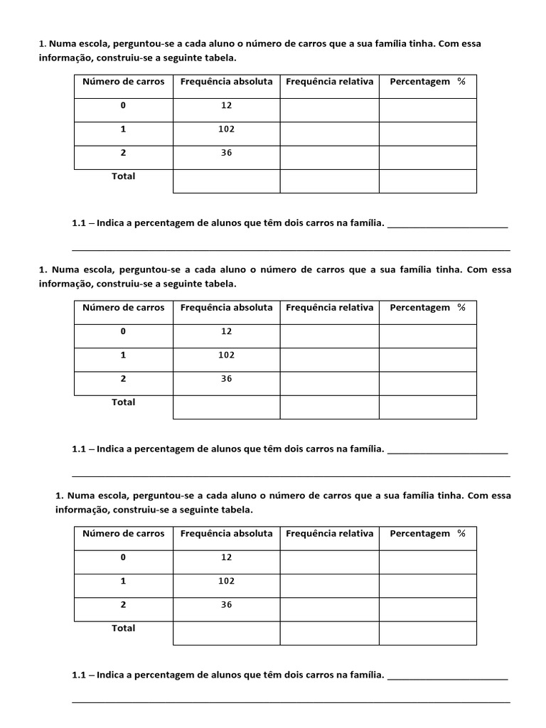 Exercicios de Frequencia Absoluta e Relativa Percentagem | PDF | Ensino ...