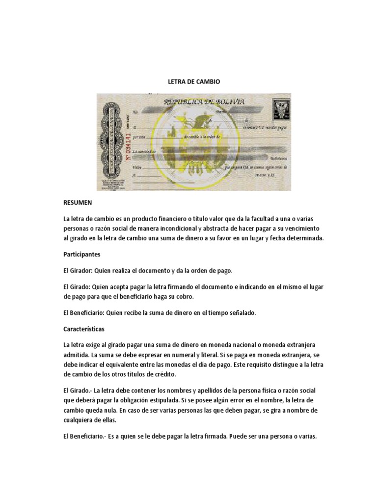 Ejemplo Letras De Cambio Letra de Cambio Bolivia | PDF | Pagaré | Servicios financieros