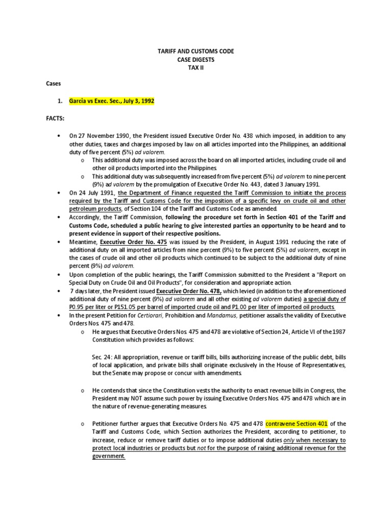 Tariff and Customs Code Case Digests PDF Tariff Treaty