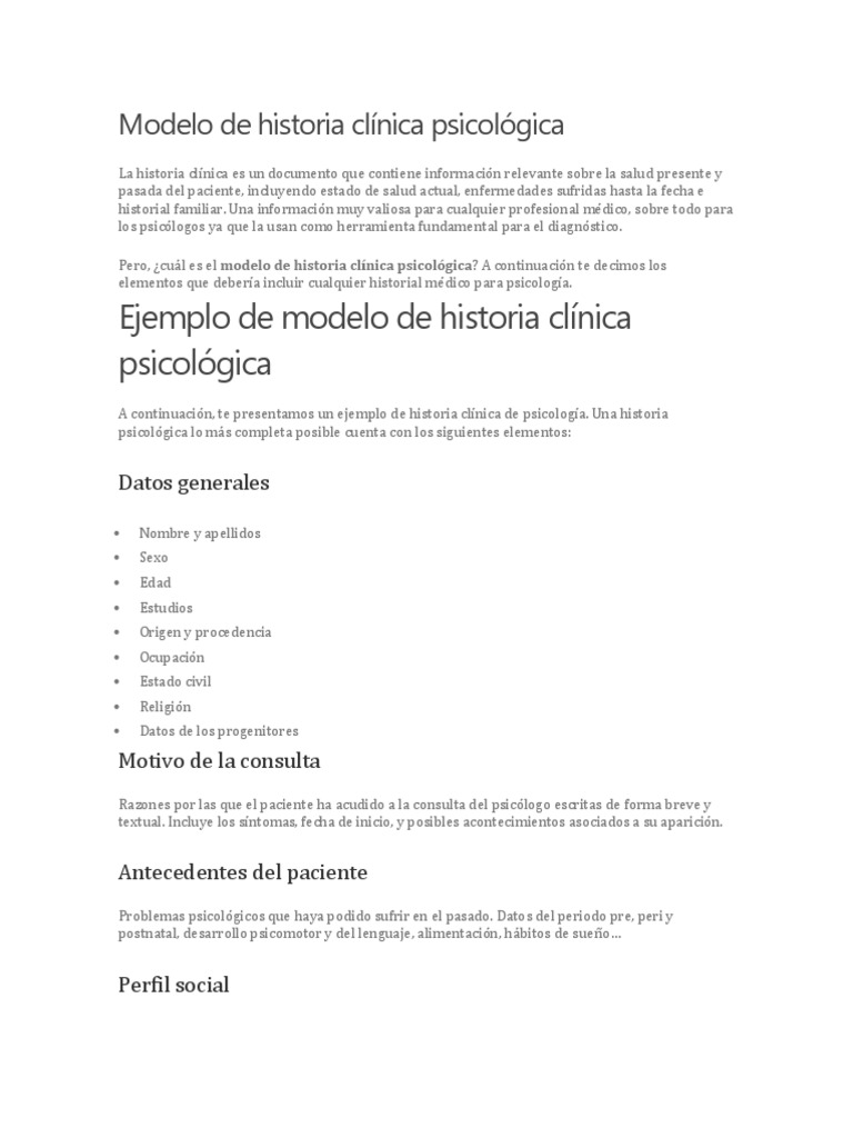 Modelo de Historia Clínica Psicológica y Entrevista Infanto Juvenil Historial médico Psicología