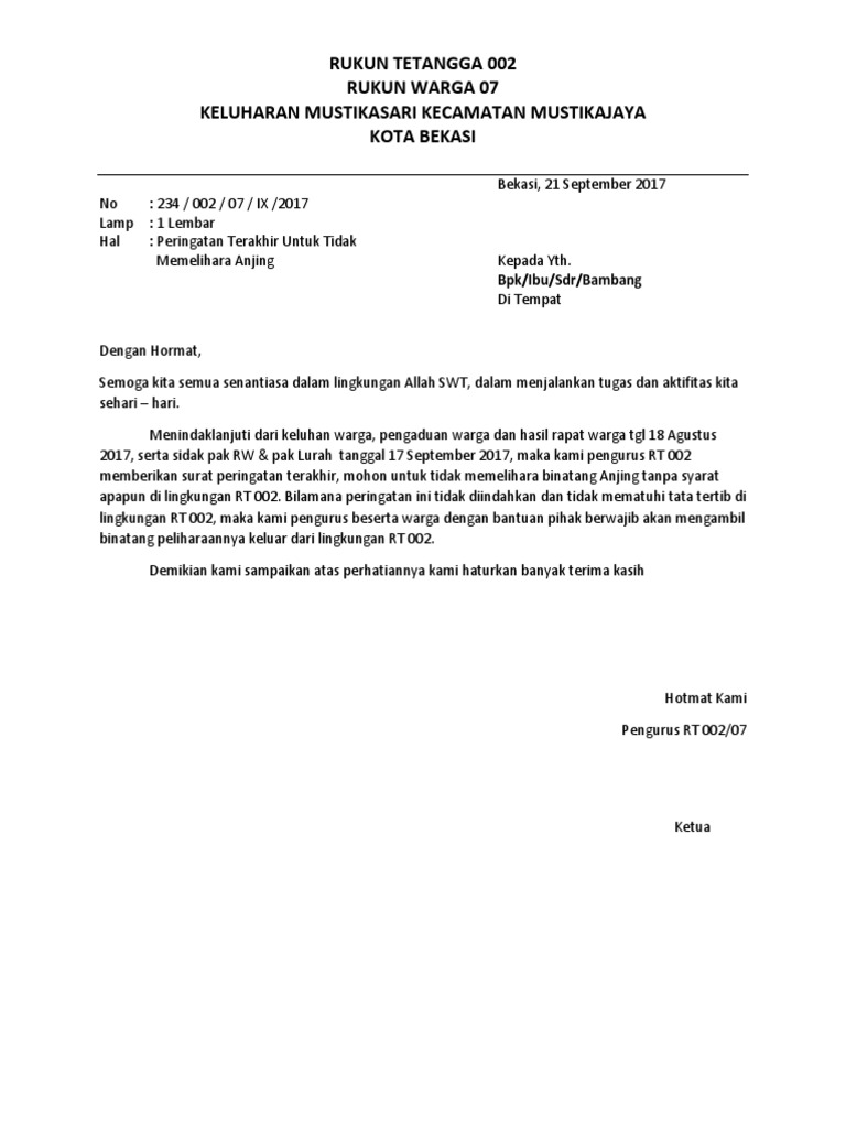 Contoh Surat Rasmi Larangan Membela Anjing Di Apartment