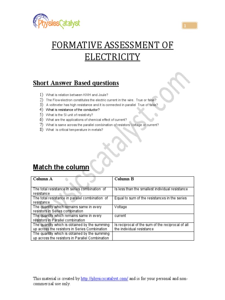 Formative Assesment Electricity | PDF | Series And Parallel Circuits ...