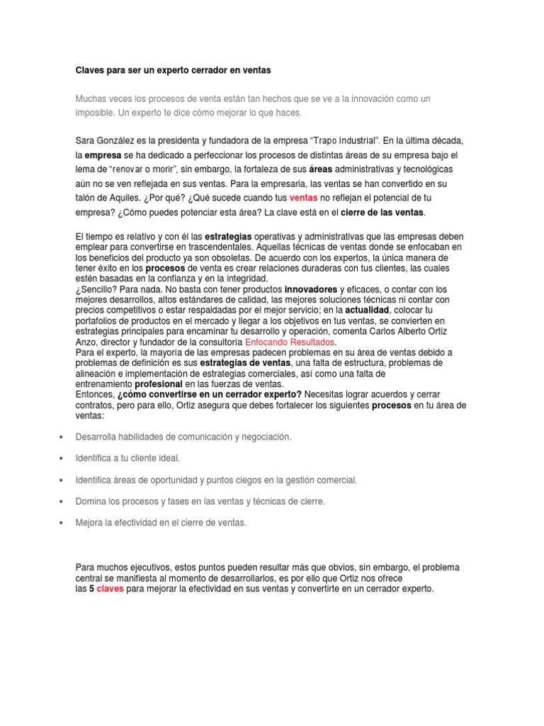 Claves para cerrar ventas efectivas | PDF | Cliente | Mercado (economía)