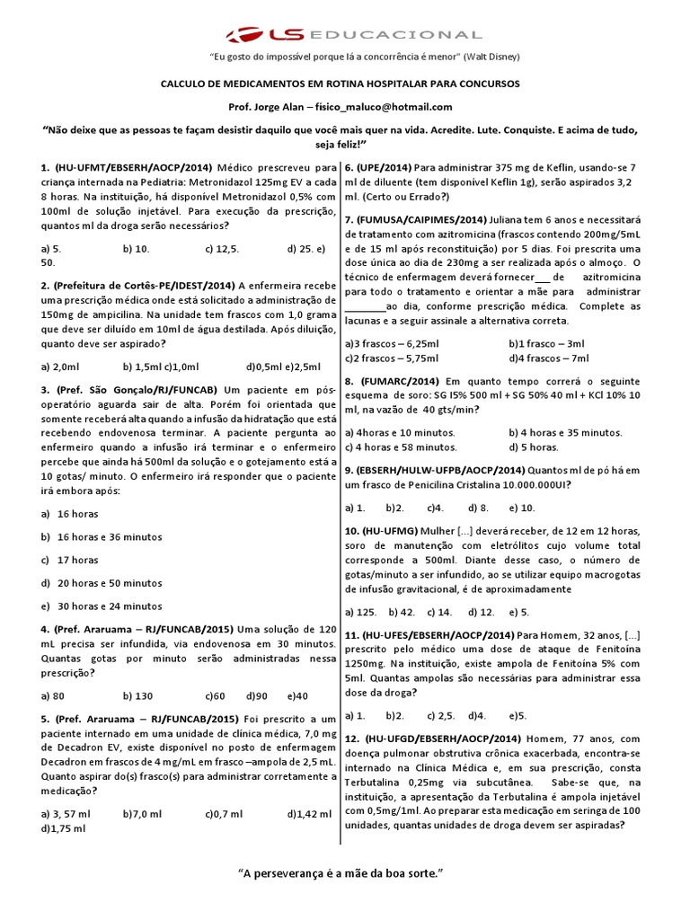 Calculo de Medicação - Exercicios | Enfermagem | Solução | Avaliação