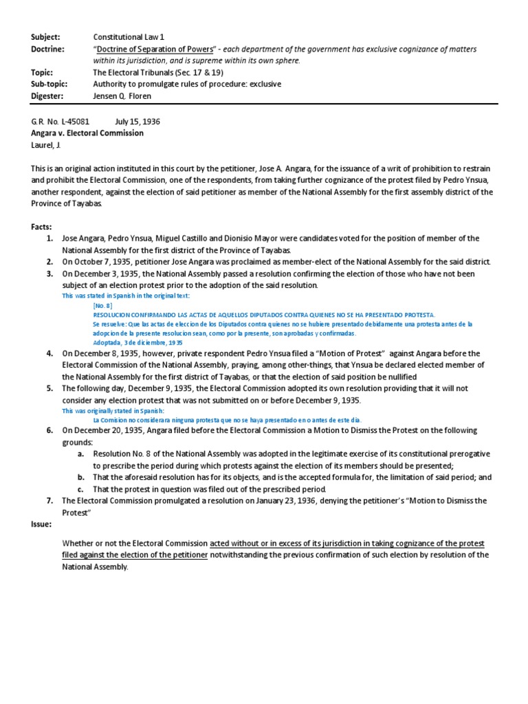 Angara v. Electoral Commission Case Summary | PDF | United States ...